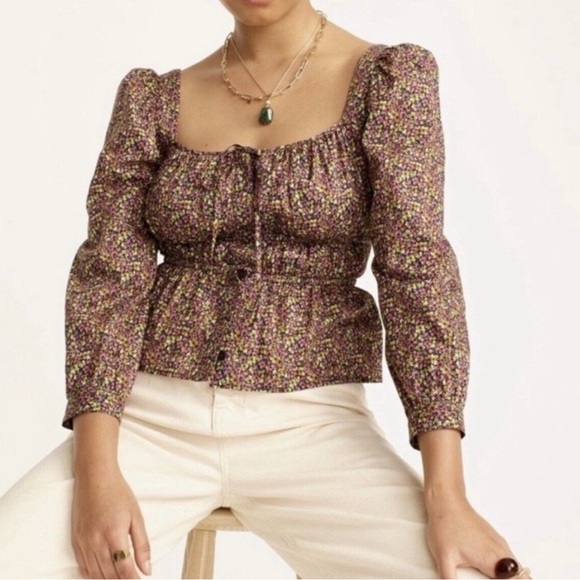 J. Crew Liberty Square Neck cinched waist busy Izzy print floral blouse top, 4 - Picture 9 of 10